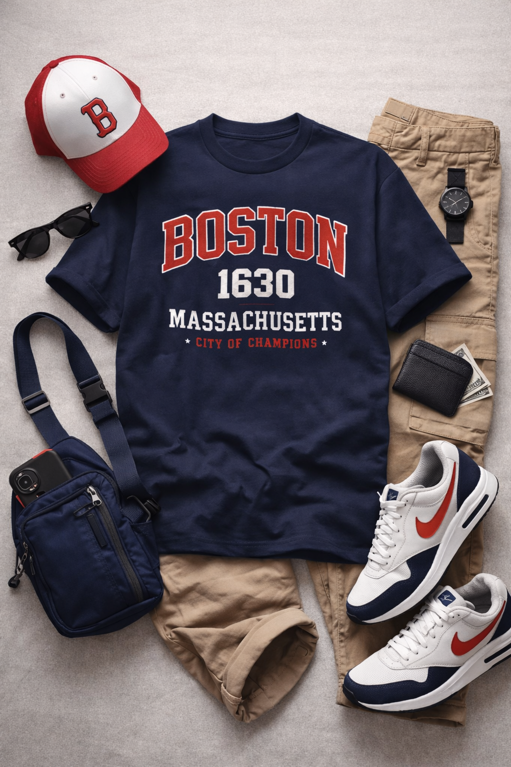 Navy t-shirt with 'Boston 1630 Massachusetts City of Champions' text, white and blue sneakers, red and white cap, beige pants, and accessories on a gray surface.