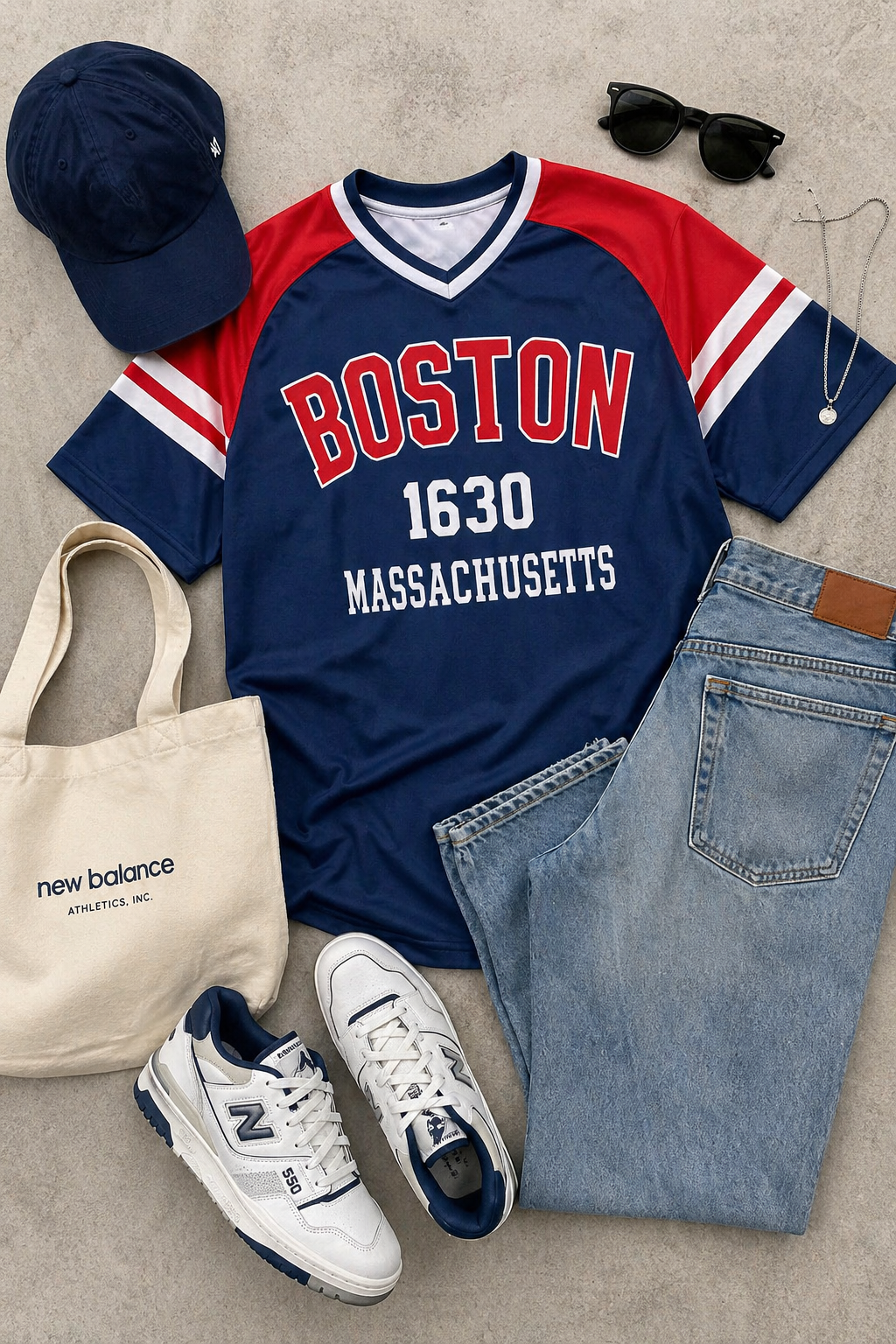 Collection of clothing and accessories including a 'Boston 1630 Massachusetts' t-shirt, jeans, sneakers, bag, and hat on a neutral background.