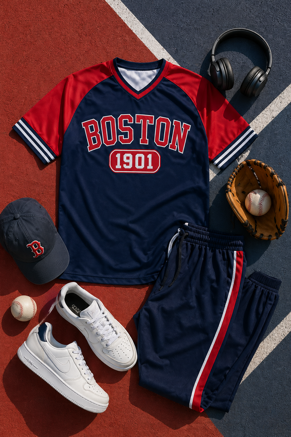 Boston 1901 sports-themed outfit with jersey, shorts, sneakers, cap, and baseball on a sports field.