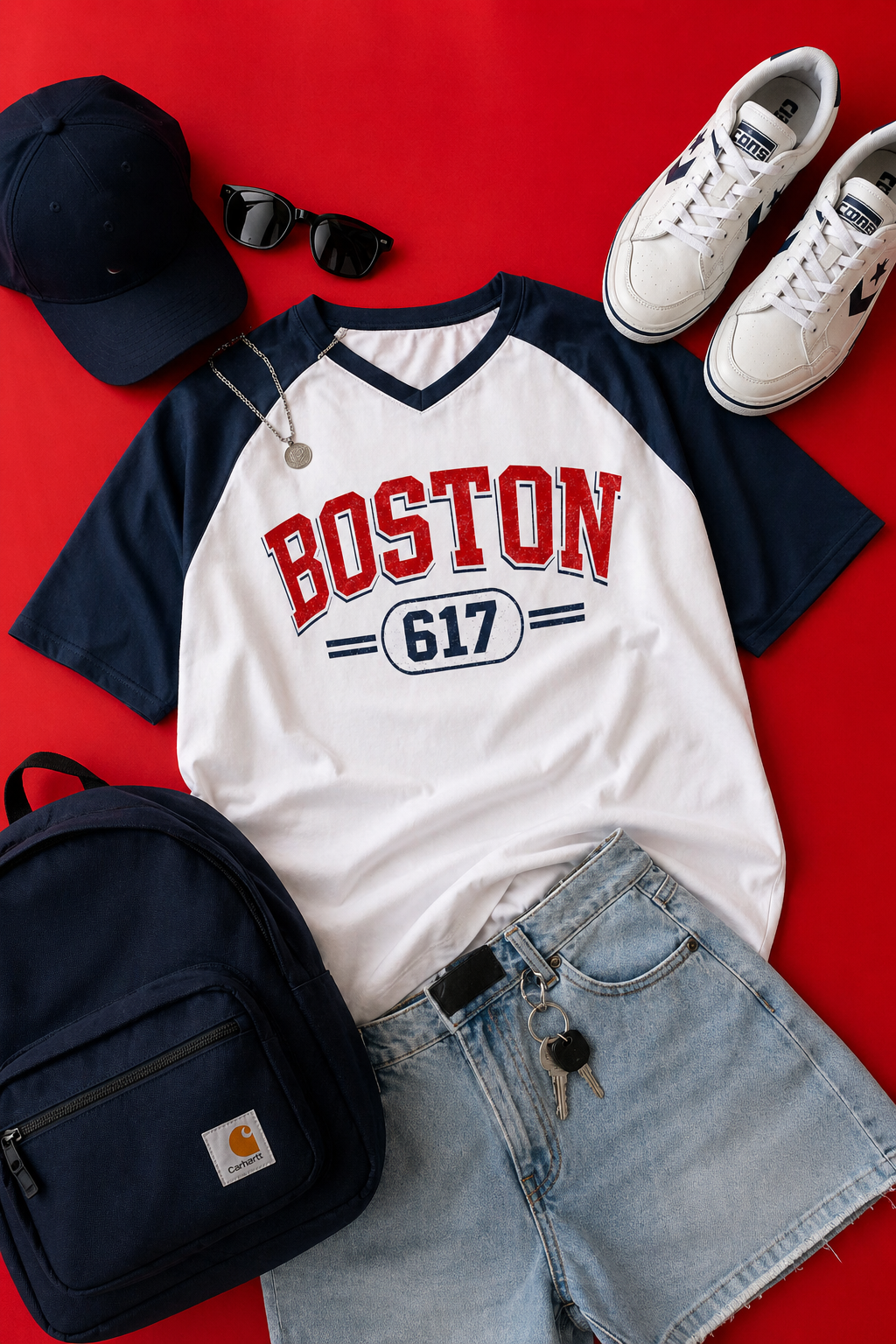 White and navy baseball shirt with 'Boston 617' printed on it, paired with denim shorts, sneakers, a cap, sunglasses, and a black backpack on a red background.