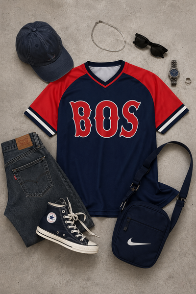 Navy and red sports jersey with 'BOS' text, paired with jeans, sneakers, a cap, and accessories on a concrete surface.