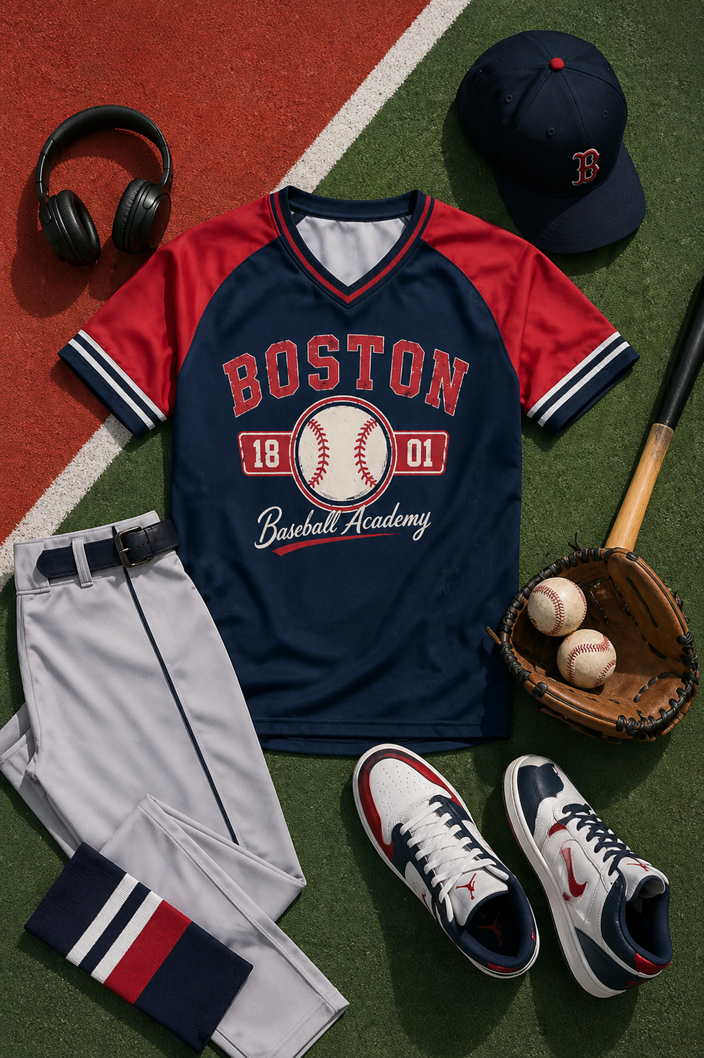 Baseball-themed outfit with jersey, pants, shoes, and accessories on a baseball field background.
