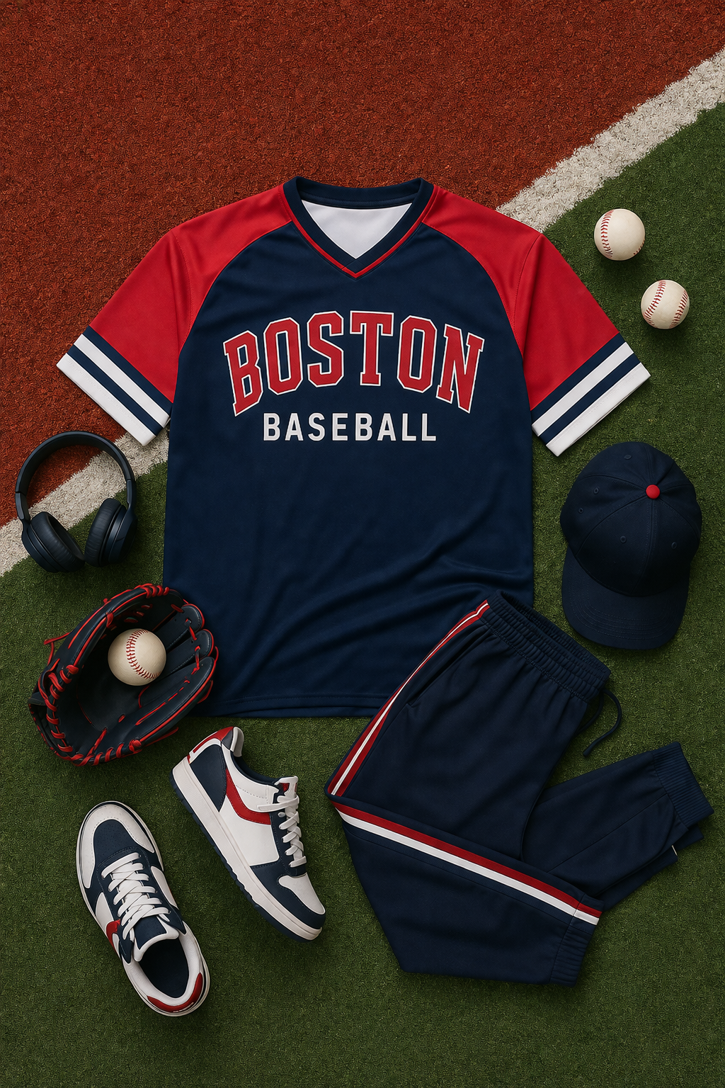 Baseball-themed outfit with 'Boston Baseball' jersey, pants, shoes, and accessories on a baseball field.