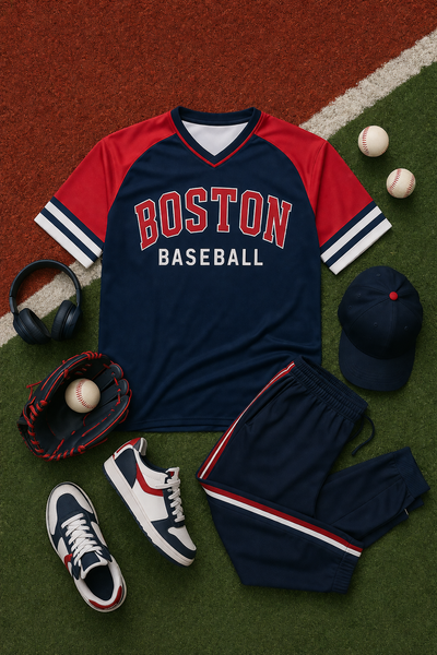 Baseball-themed outfit with 'Boston Baseball' jersey, pants, shoes, and accessories on a baseball field.