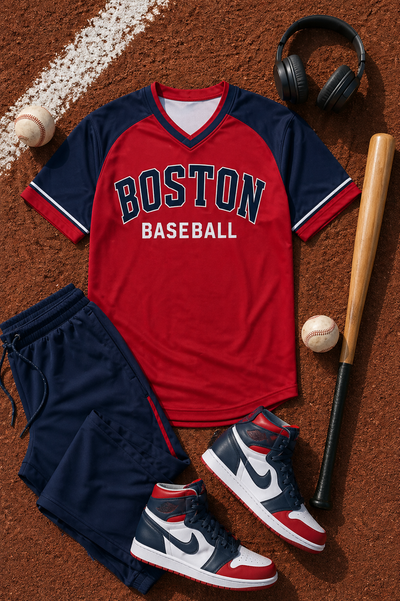 Boston Baseball themed outfit with t-shirt, shorts, sneakers, baseball, bat, and headphones on a baseball field background.