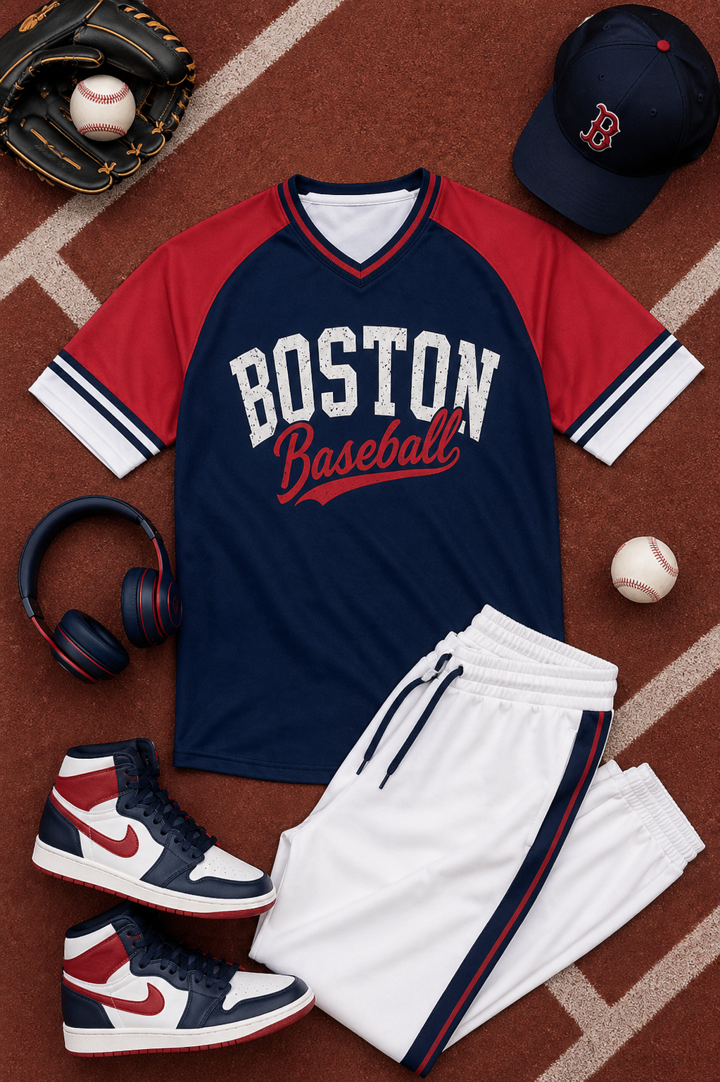 Baseball-themed clothing and accessories including a jersey, shorts, shoes, and cap on a baseball field background.