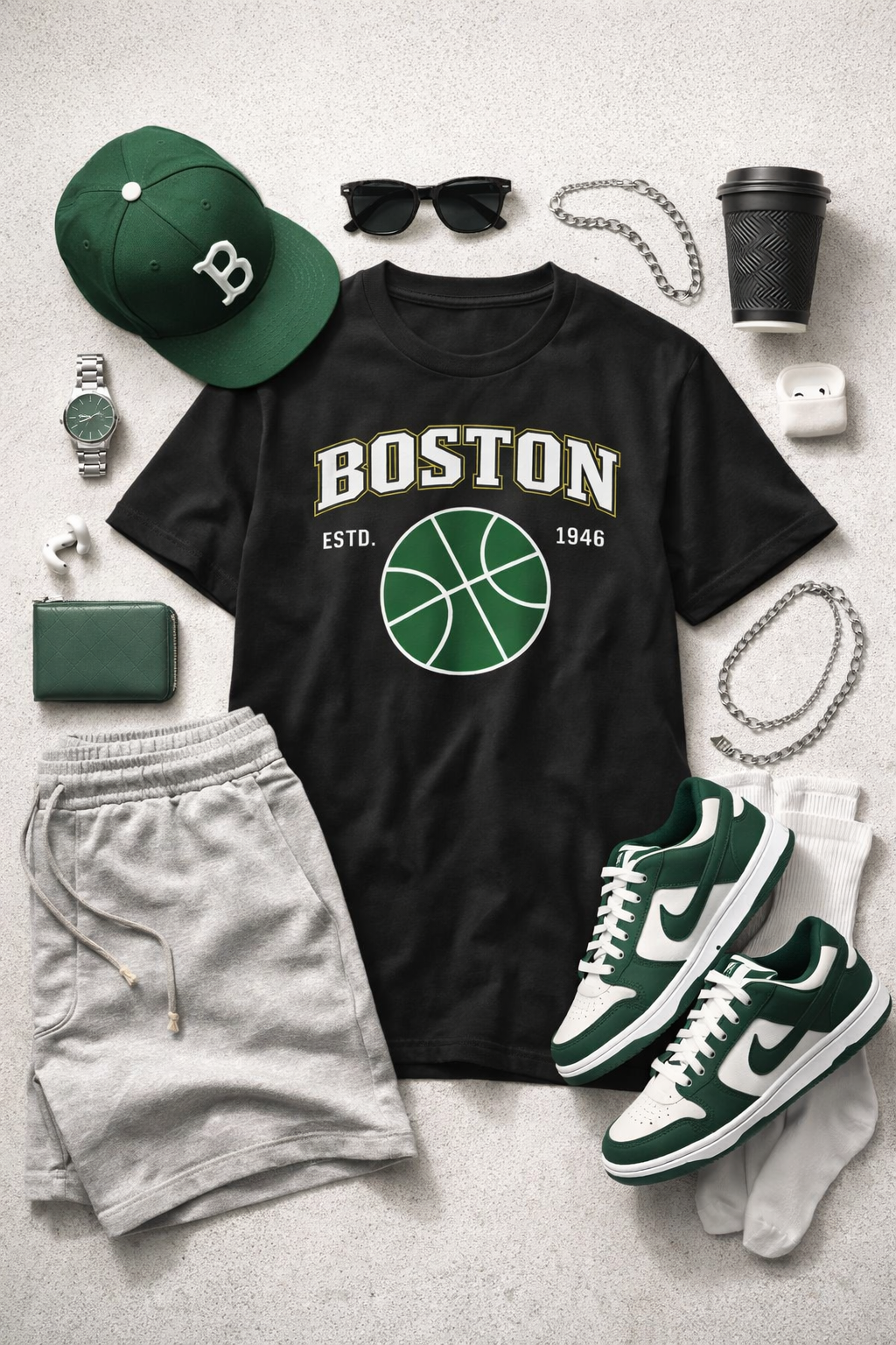 Black t-shirt with 'Boston' graphic, green sneakers, gray shorts, and accessories on a light surface.