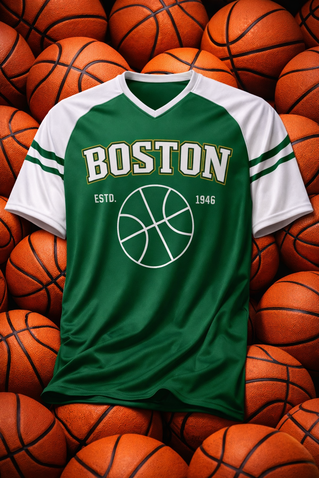 Green and white t-shirt with 'Boston' text on a background of basketballs