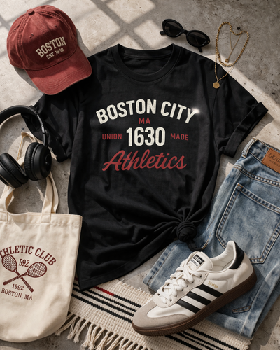 Black t-shirt with 'Boston City Athletics' design, red cap, white sneakers, tote bag, and sunglasses on a concrete surface.