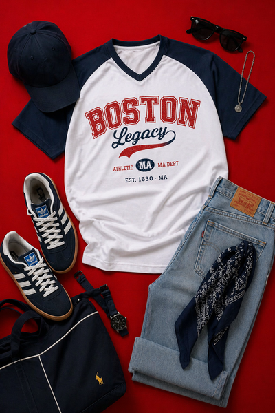 White baseball jersey with 'Boston Legacy' text, blue jeans, sneakers, and accessories on a red background