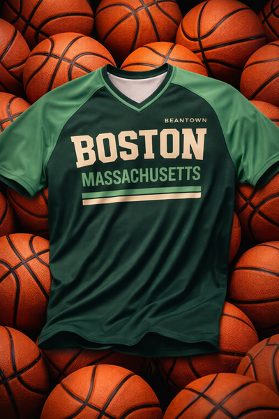 Green t-shirt with 'Boston Massachusetts' text on a background of basketballs