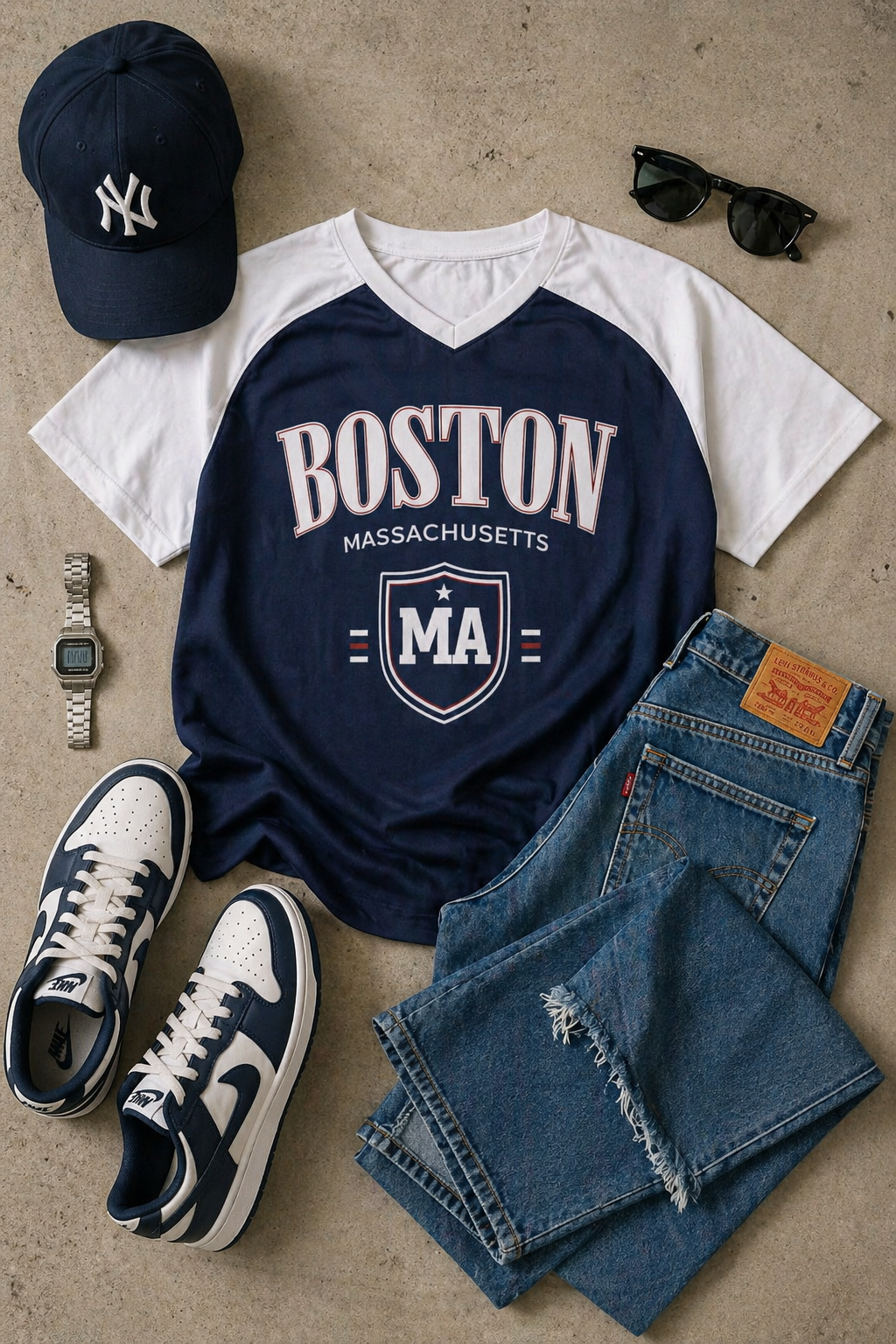 Navy and white t-shirt with 'Boston Massachusetts MA' design, blue jeans, black cap, sneakers, and sunglasses on a beige surface.