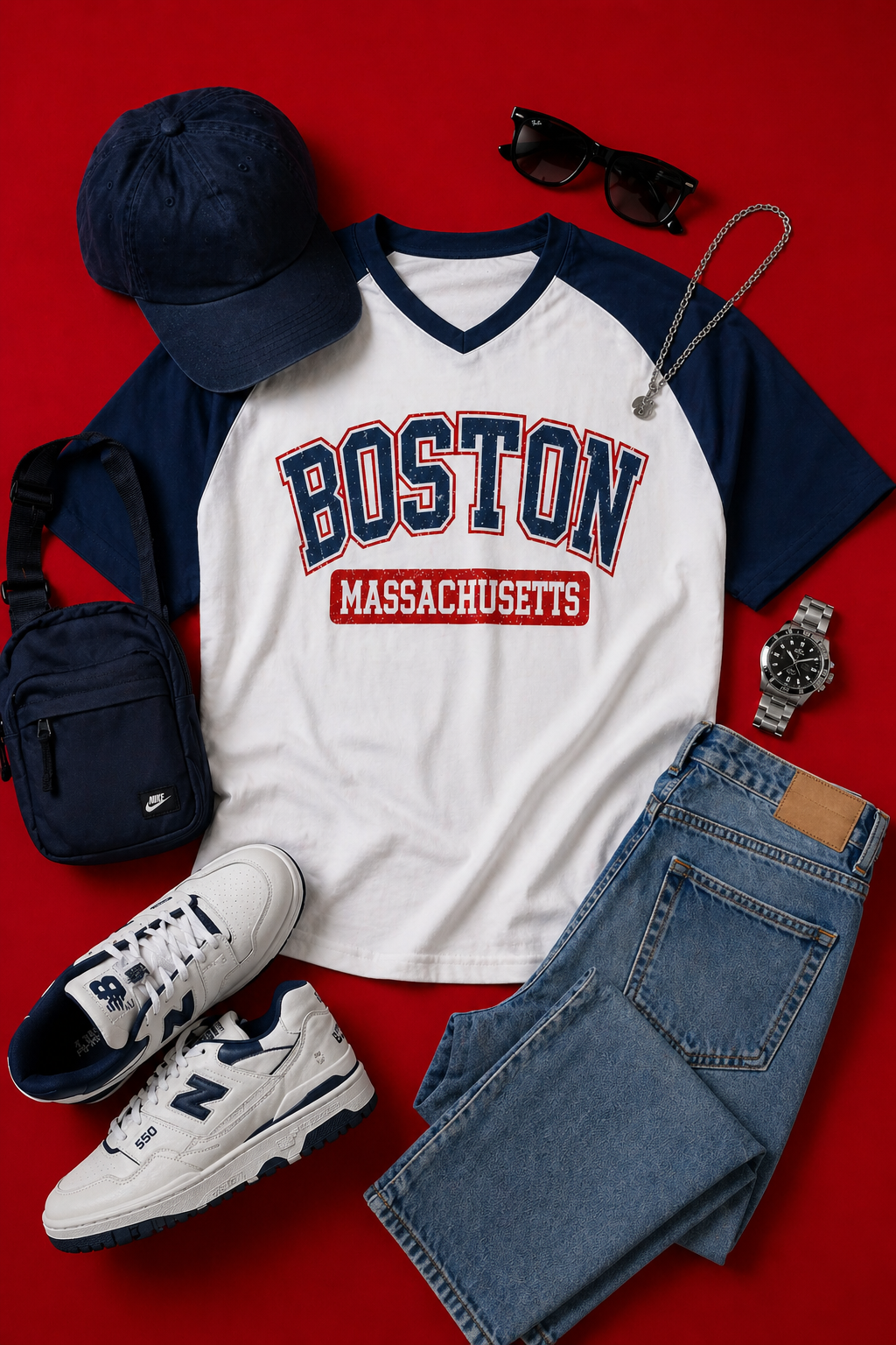 White t-shirt with 'Boston Massachusetts' text, navy cap, sunglasses, black bag, white sneakers, and blue jeans on a red background.