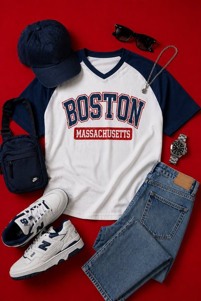 White t-shirt with 'Boston Massachusetts' text, navy cap, sunglasses, black bag, white sneakers, and blue jeans on a red background.