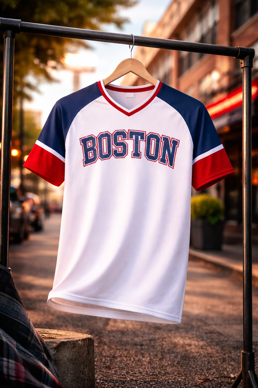 Baseball-style shirt with 'Boston' text on a hanger against an urban backdrop