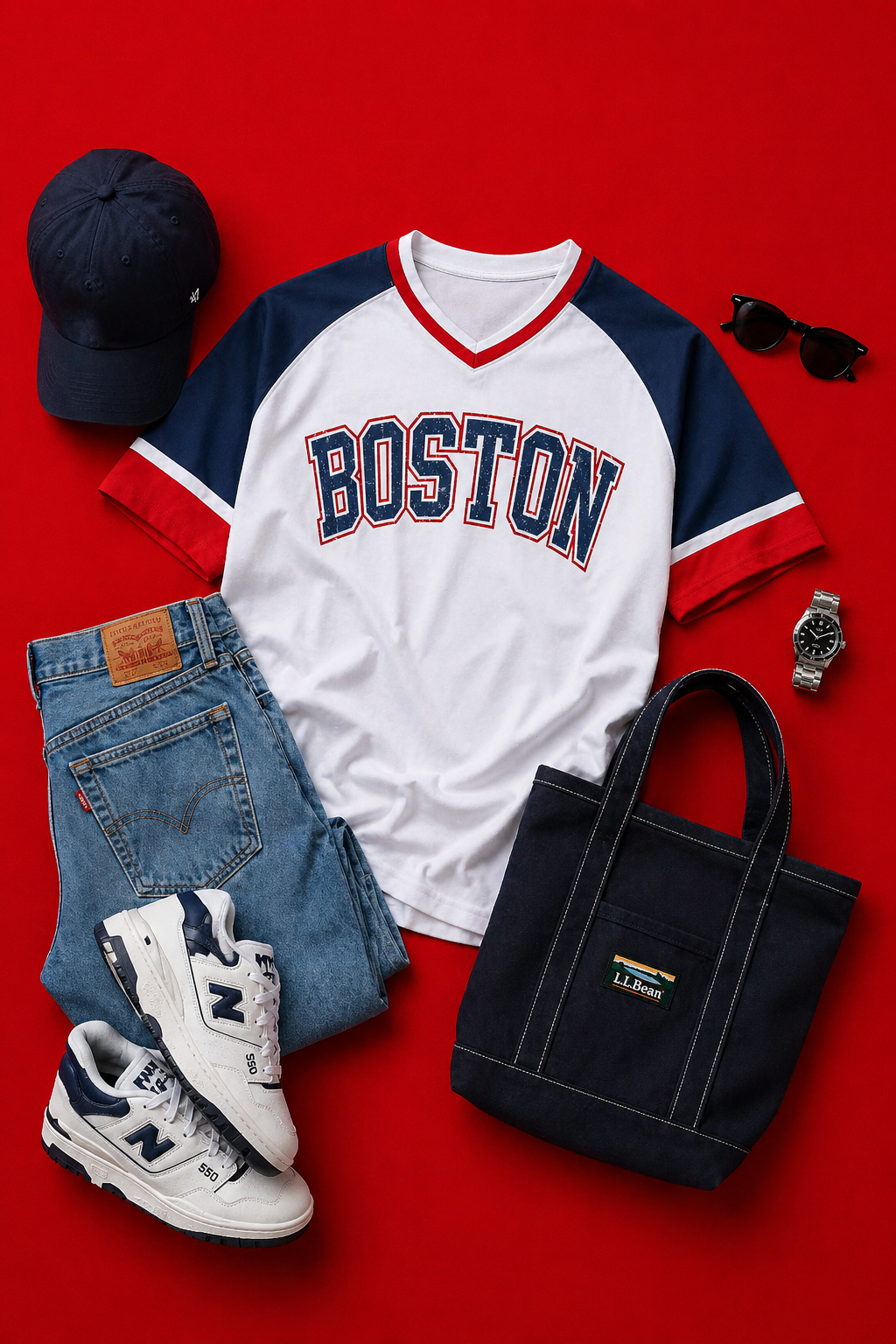Fashionable outfit with 'Boston' t-shirt, jeans, sneakers, bag, and accessories on a red background
