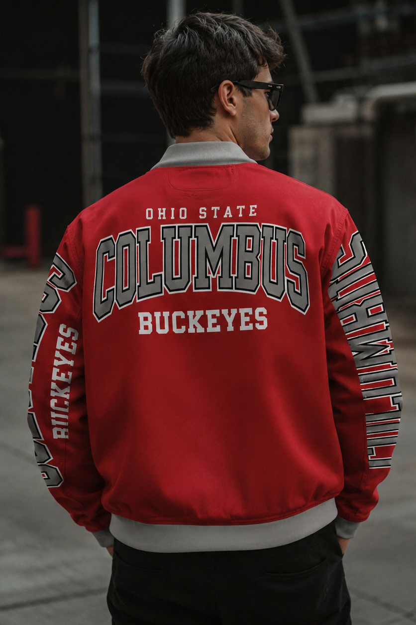 Person wearing a red Ohio State Columbus Buckeyes jacket in an urban setting