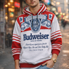 Person wearing a Budweiser hoodie on a city street