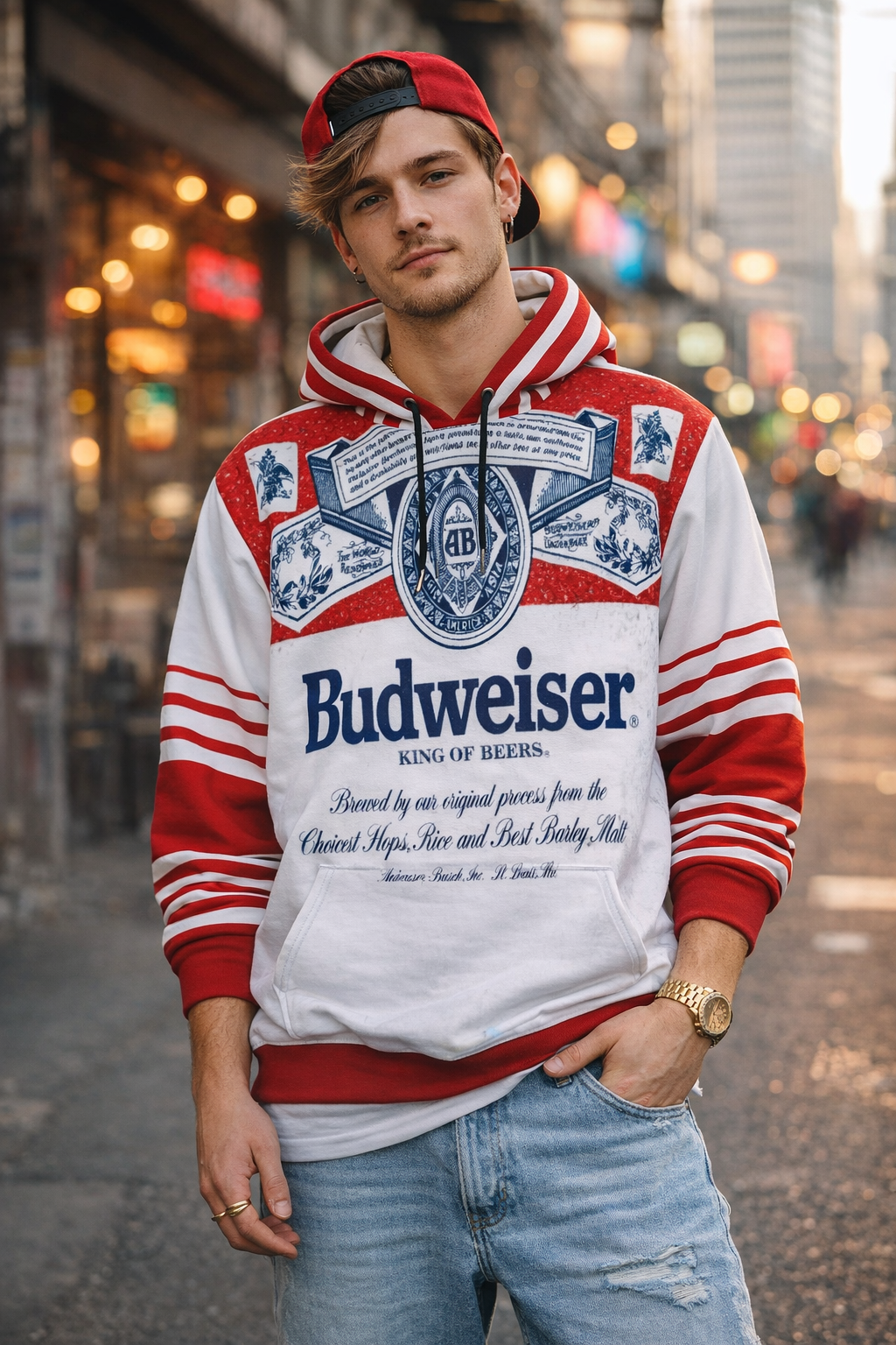Person wearing a Budweiser hoodie on a city street