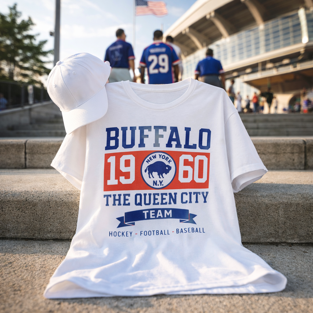 White t-shirt with 'Buffalo 1960' design on steps with people in the background