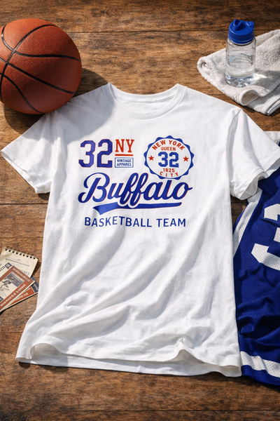 White t-shirt with 'Buffalo Basketball Team' design on a wooden surface with sports equipment.
