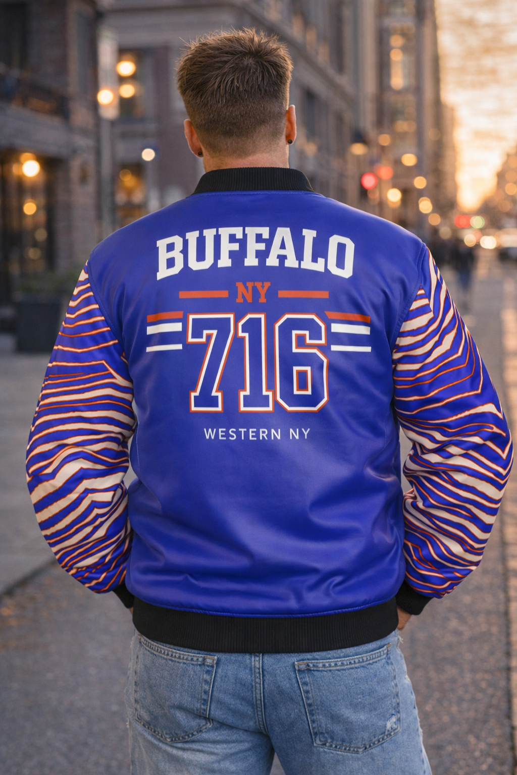 Person wearing a blue jacket with 'Buffalo NY 716' printed on the back, standing on a city street.