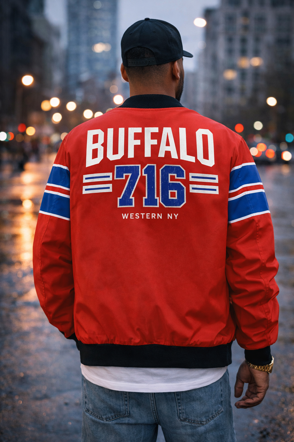 Person wearing a red jacket with 'Buffalo 716' text, standing on a city street.