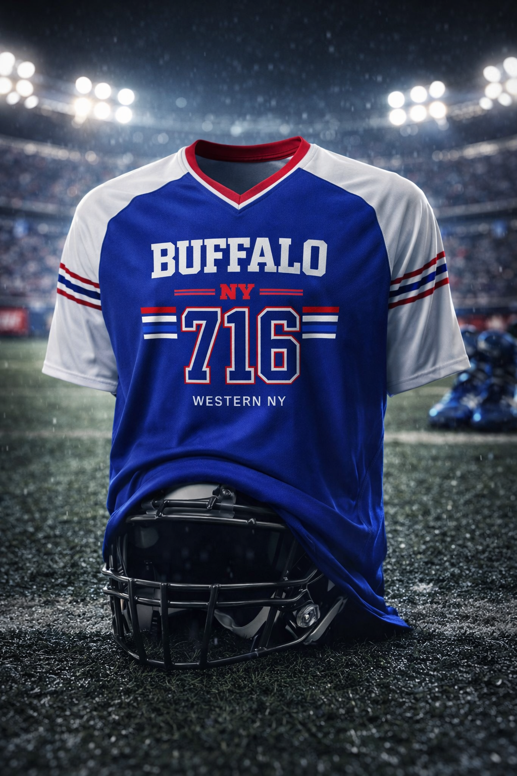 Blue and white sports jersey with 'Buffalo NY 716' on a football field.