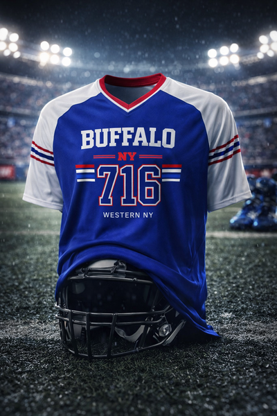 Blue and white sports jersey with 'Buffalo NY 716' on a football field.