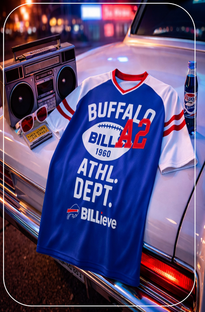 Blue sports jersey with 'Buffalo Bills' branding on a car with a boombox and bottle.