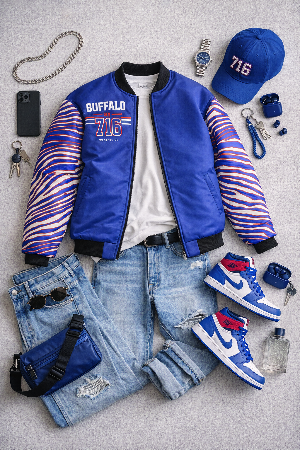 Collection of blue and purple themed clothing and accessories on a light gray surface