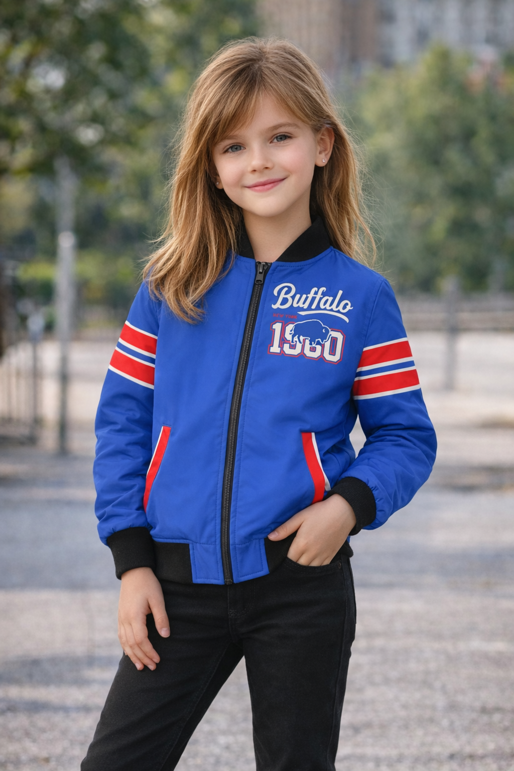 Child wearing a blue jacket with red and white stripes and 'Buffalo 1960' text, standing outdoors.