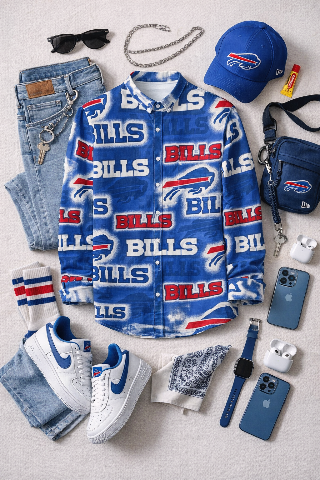Collection of Buffalo Bills-themed clothing and accessories on a light gray background