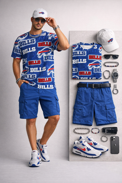 Man wearing a Buffalo Bills themed outfit with matching accessories on a gray background