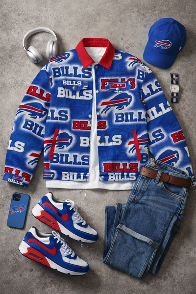 Collection of Buffalo Bills-themed clothing and accessories on a gray surface