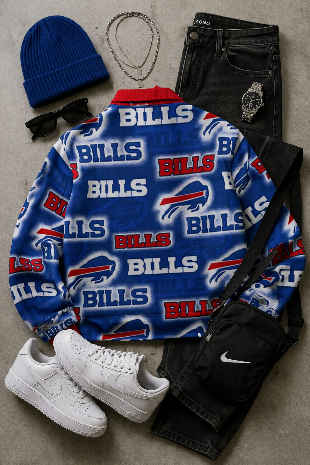 Buffalo Bills-themed sweatshirt with accessories on a gray surface