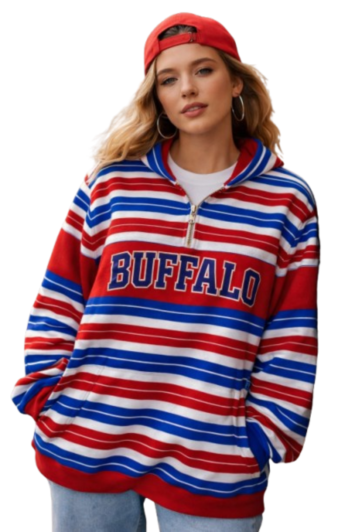White Smoke Buffalo Football varsity striped Women's Borg Fleece Hoodie With Half Zip