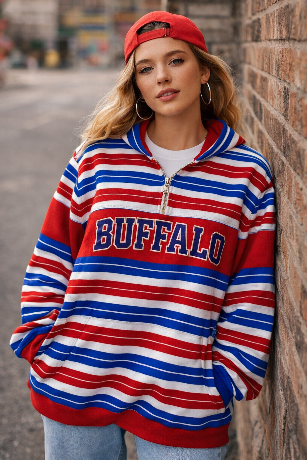 Woman wearing a red, white, and blue striped 'Buffalo' hoodie leaning against a brick wall.