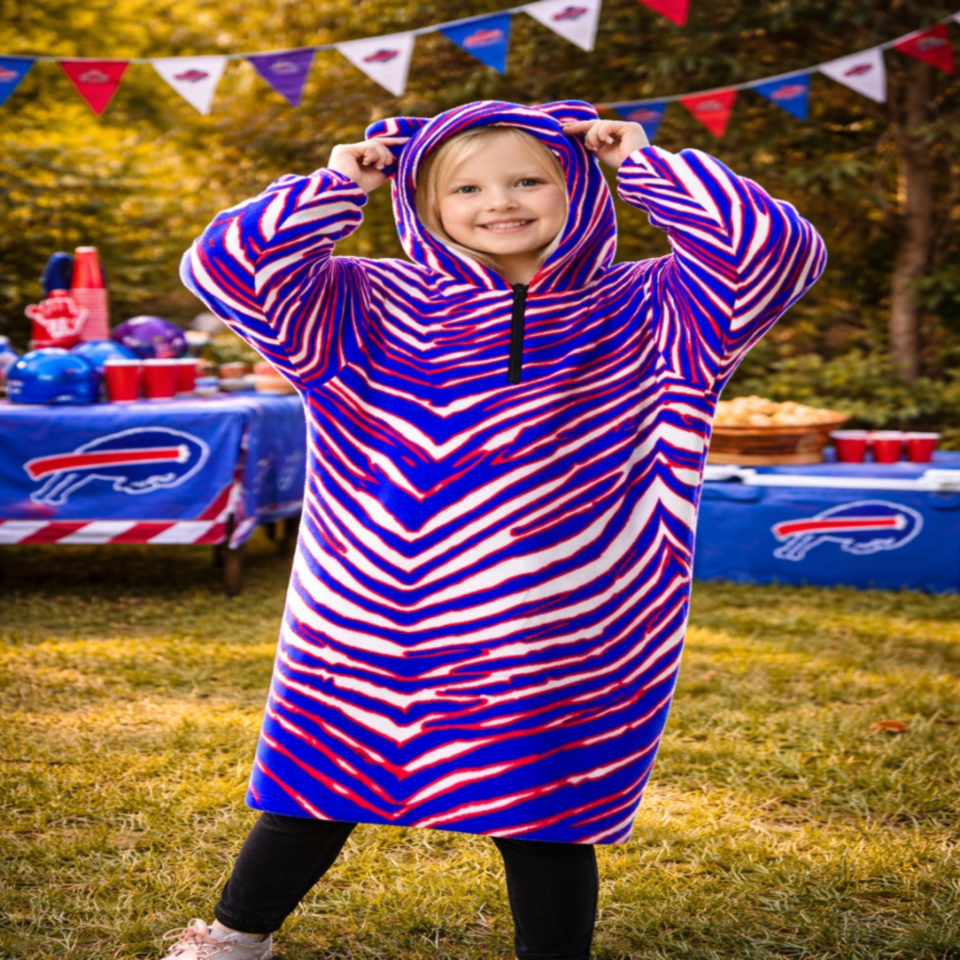 Buffalo Zebra Football Kids 1/4 Zip Hooded Wearable Blanket With Ears – Cozy Game Day Comfort – lightweight game day shirt, football shirt, image 1.0