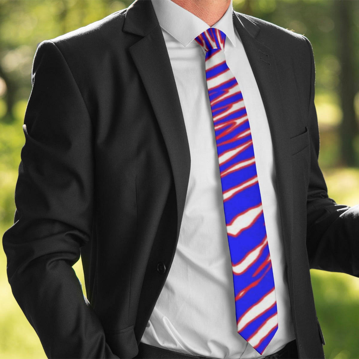 Black Unisex Tie – Red Blue White Zebra Game Day Style