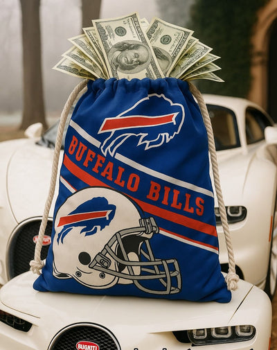 Buffalo Bills drawstring bag with money on a car