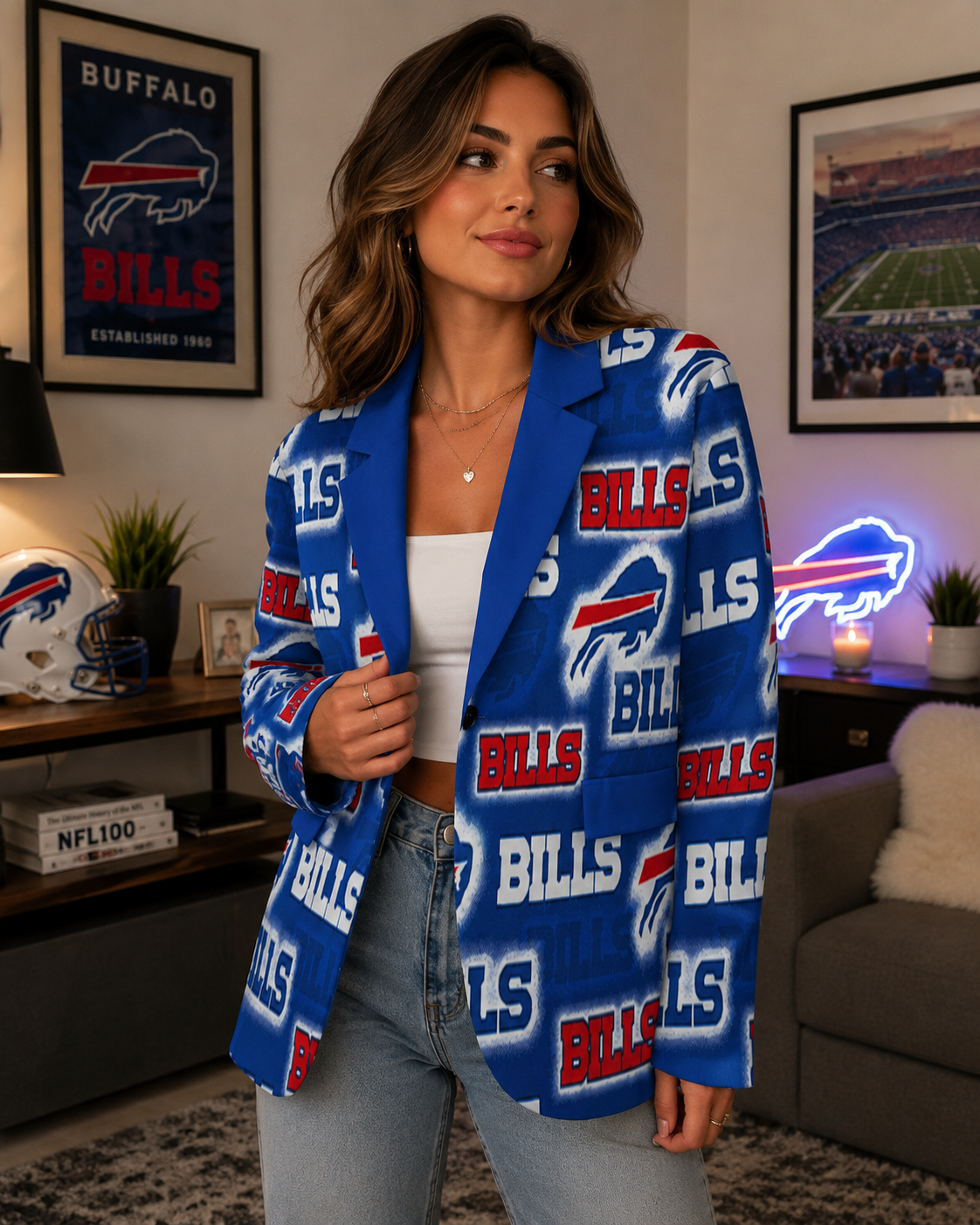 Woman wearing a Buffalo Bills patterned blazer in a living room setting.