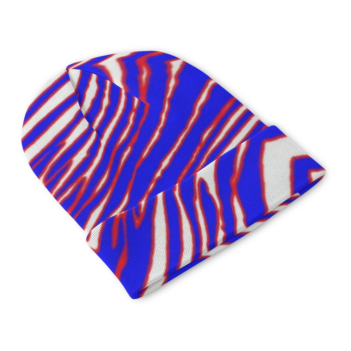 Blue, red, and white striped beanie on a white background