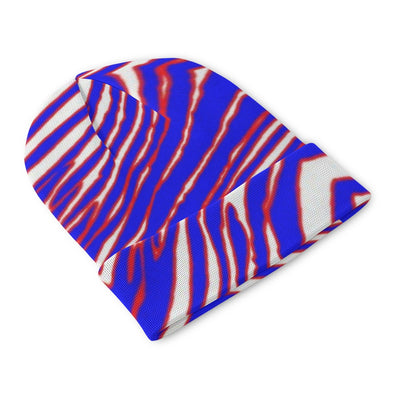 Blue, red, and white striped beanie on a white background