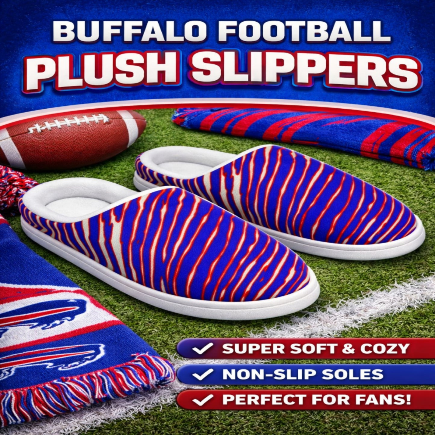 Buffalo football Men's Plush Slippers – Red Blue White Zebra Game Day Style
