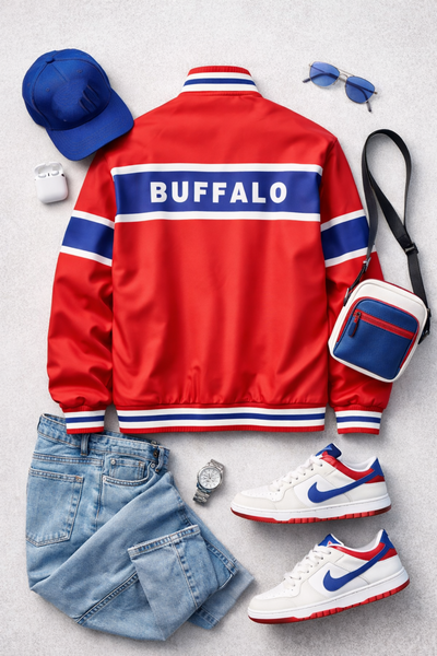 Red jacket with 'BUFFALO' text, blue cap, white sneakers, denim jeans, and a small bag on a light gray background.