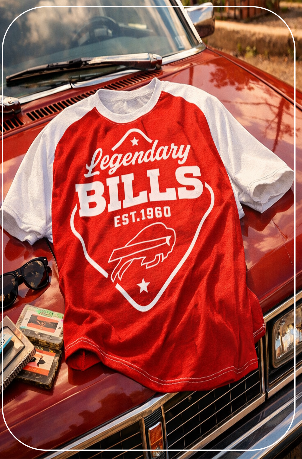 Red and white 'Legendary Bills' t-shirt on a classic car with vintage tapes.