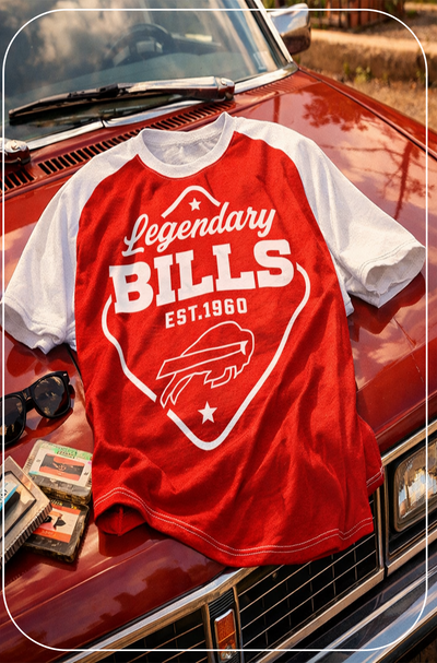 Red and white 'Legendary Bills' t-shirt on a classic car with vintage tapes.