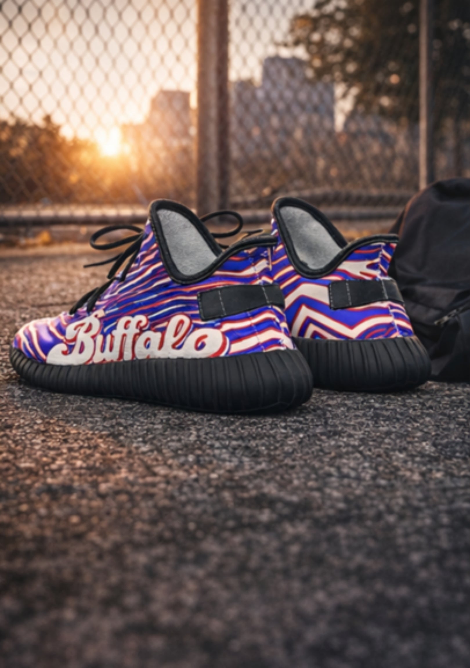 Colorful sneakers with 'Buffalo' branding on a textured surface with a blurred background