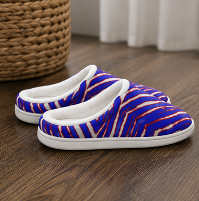 Buffalo Bills zubaz Plush Slippers – Red Blue White Zebra Game Day Style